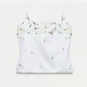 Zara Floral Bejeweled Poplin Top White L